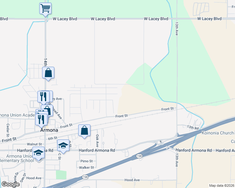 map of restaurants, bars, coffee shops, grocery stores, and more near 13401 Larkspur Way in Hanford
