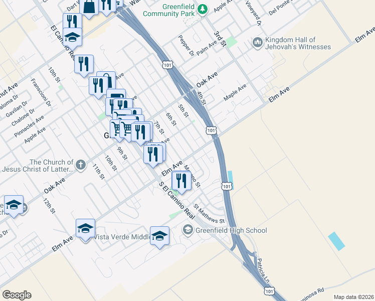 map of restaurants, bars, coffee shops, grocery stores, and more near 5 6th Street in Greenfield