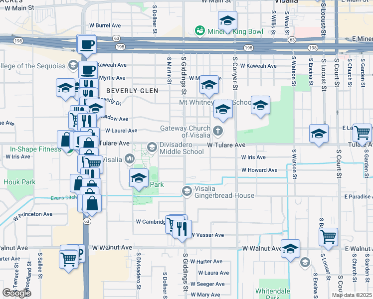 map of restaurants, bars, coffee shops, grocery stores, and more near 1209 West Tulare Avenue in Visalia