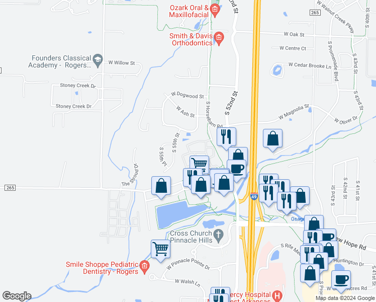 map of restaurants, bars, coffee shops, grocery stores, and more near 5117 Sandhurst in Rogers