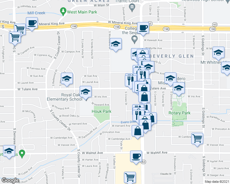 map of restaurants, bars, coffee shops, grocery stores, and more near 2211 West Tulare Avenue in Visalia