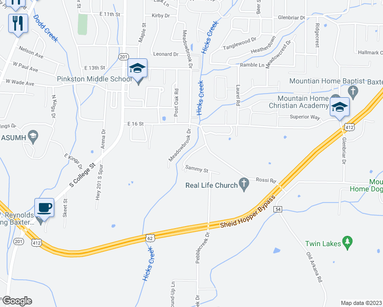 map of restaurants, bars, coffee shops, grocery stores, and more near 1601 Leo Davis Drive in Mountain Home