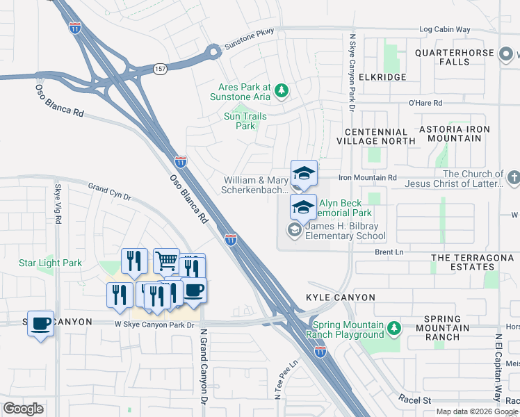 map of restaurants, bars, coffee shops, grocery stores, and more near Tee Pee Ln in Las Vegas
