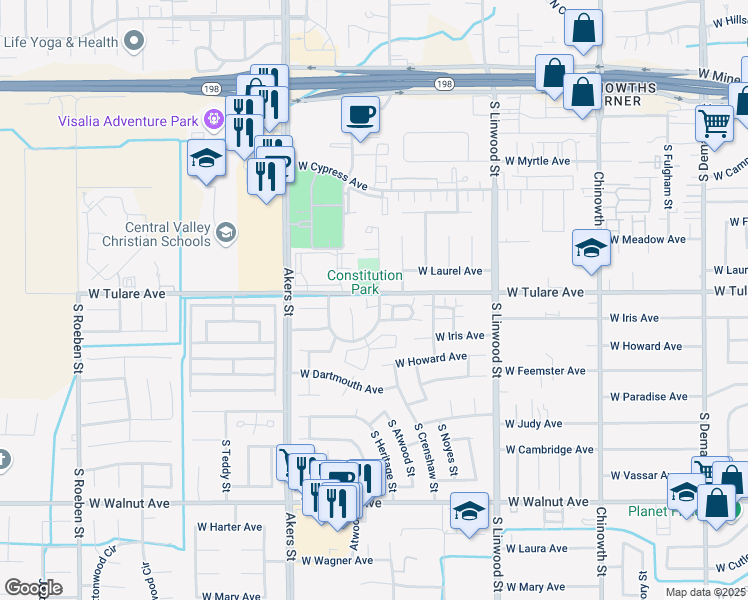 map of restaurants, bars, coffee shops, grocery stores, and more near 4935 Westgate Street in Visalia