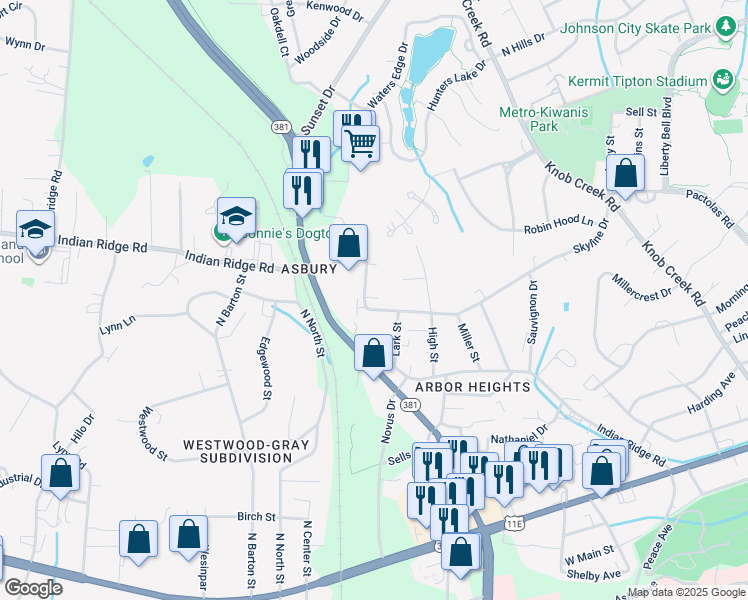 map of restaurants, bars, coffee shops, grocery stores, and more near 1721 Skyline Drive in Johnson City