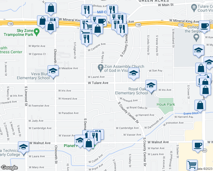 map of restaurants, bars, coffee shops, grocery stores, and more near 3349 West Tulare Avenue in Visalia