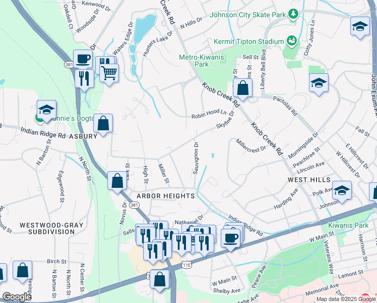 map of restaurants, bars, coffee shops, grocery stores, and more near 1405 Skyline Drive in Johnson City