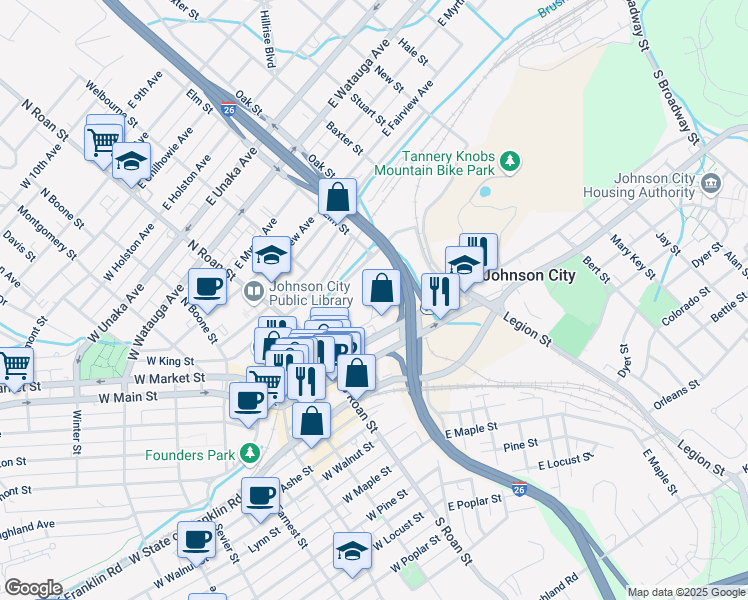 map of restaurants, bars, coffee shops, grocery stores, and more near 223 E Market St in Johnson City