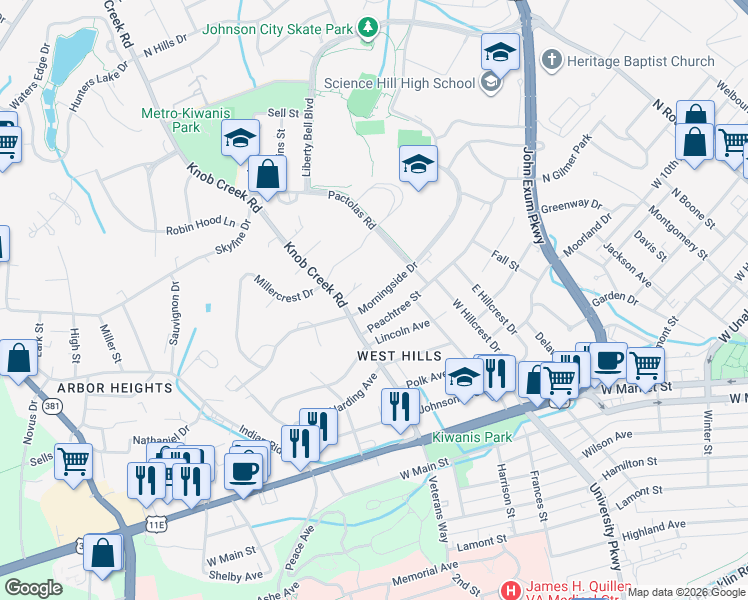 map of restaurants, bars, coffee shops, grocery stores, and more near Morningside Drive in Johnson City