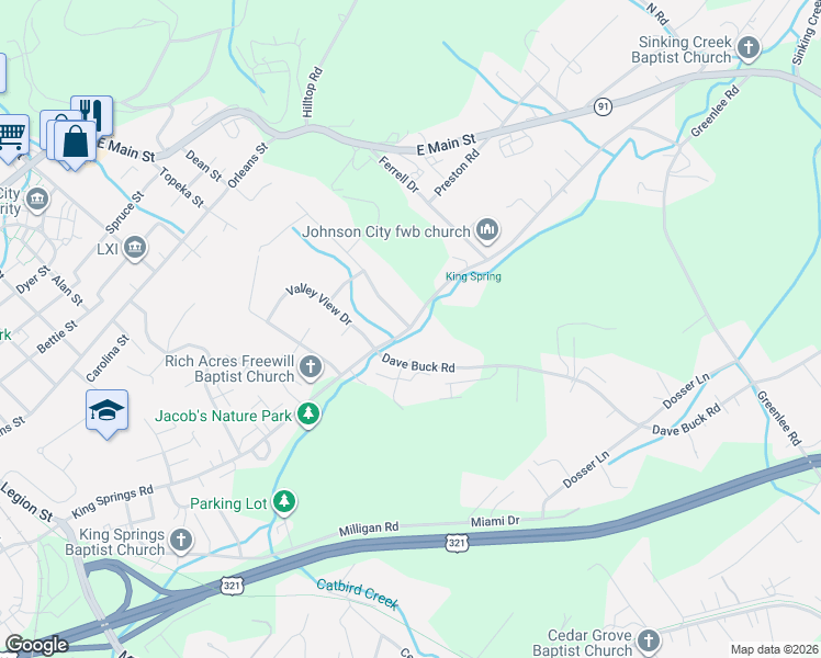 map of restaurants, bars, coffee shops, grocery stores, and more near King Springs Rd & Stoneybrook Dr in Johnson City