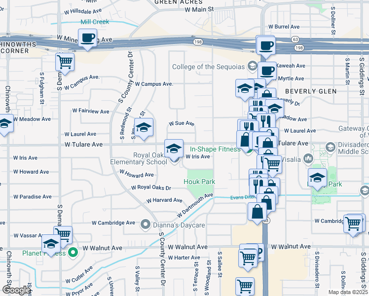 map of restaurants, bars, coffee shops, grocery stores, and more near 2644 West Iris Avenue in Visalia
