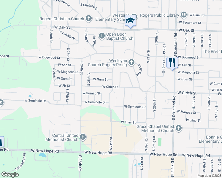map of restaurants, bars, coffee shops, grocery stores, and more near 1500 South 24th Street in Rogers