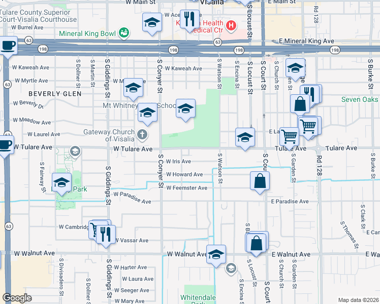 map of restaurants, bars, coffee shops, grocery stores, and more near 551 West Tulare Avenue in Visalia