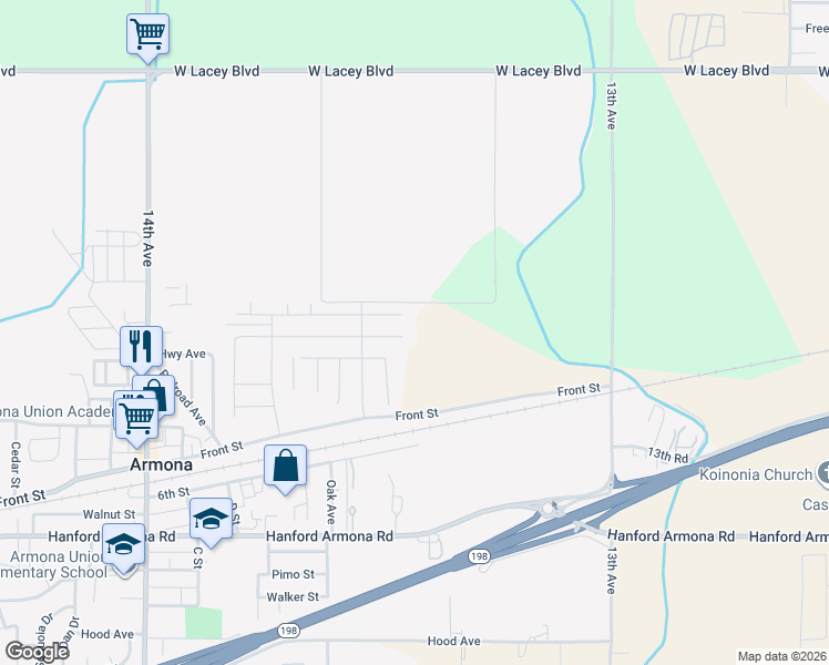map of restaurants, bars, coffee shops, grocery stores, and more near 13401-13427 Larkspur Way in Hanford