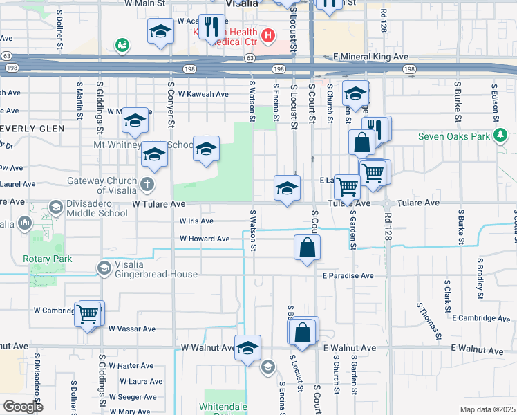 map of restaurants, bars, coffee shops, grocery stores, and more near 309 West Tulare Avenue in Visalia