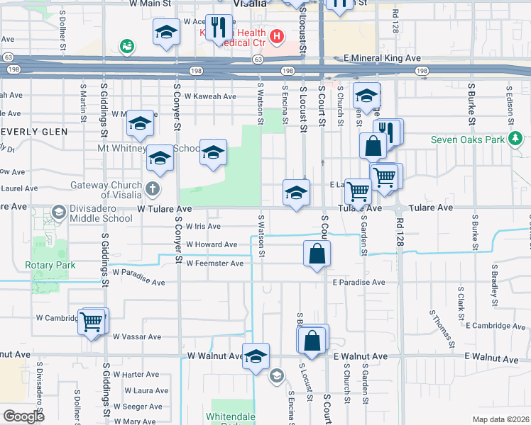map of restaurants, bars, coffee shops, grocery stores, and more near 309 West Tulare Avenue in Visalia
