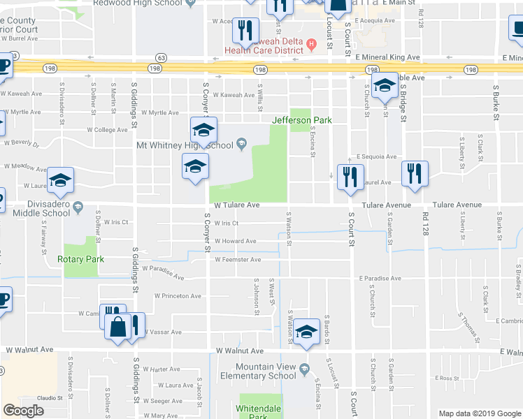 map of restaurants, bars, coffee shops, grocery stores, and more near 551 West Tulare Avenue in Visalia