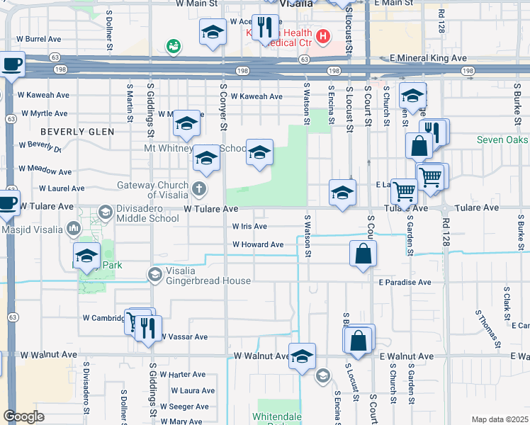map of restaurants, bars, coffee shops, grocery stores, and more near 551 West Tulare Avenue in Visalia