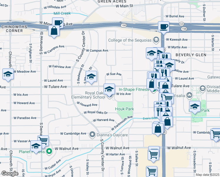 map of restaurants, bars, coffee shops, grocery stores, and more near 1247 South Emerald Court in Visalia