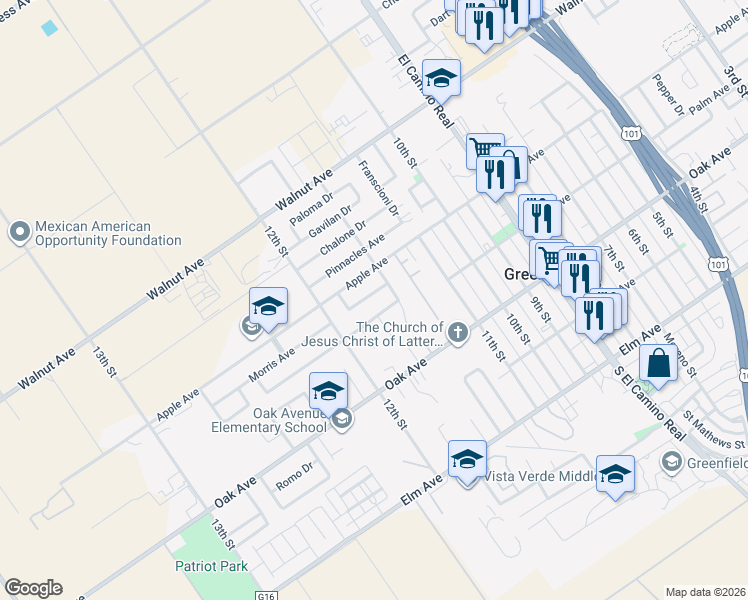 map of restaurants, bars, coffee shops, grocery stores, and more near 346 Hicks Drive in Greenfield