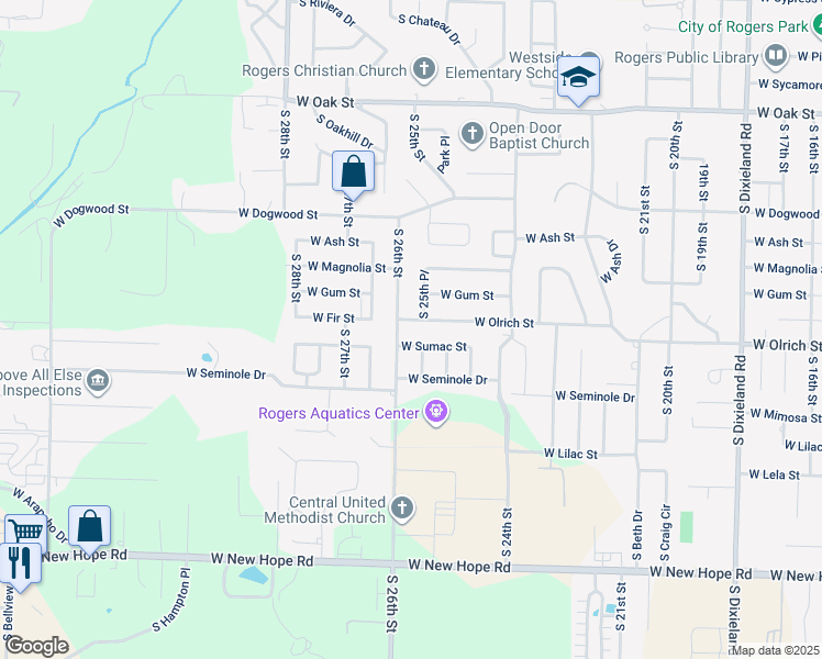 map of restaurants, bars, coffee shops, grocery stores, and more near 2907 West Sumac Street in Rogers