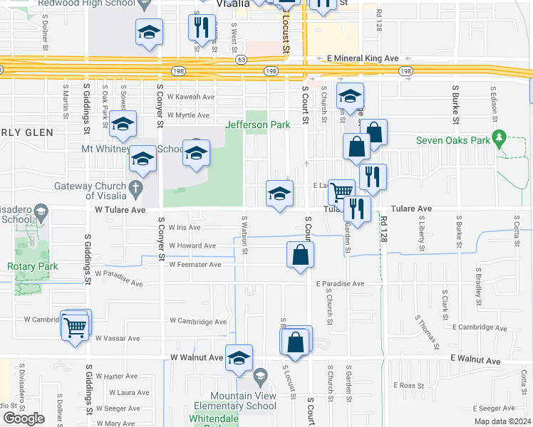 map of restaurants, bars, coffee shops, grocery stores, and more near 233 West Tulare Avenue in Visalia