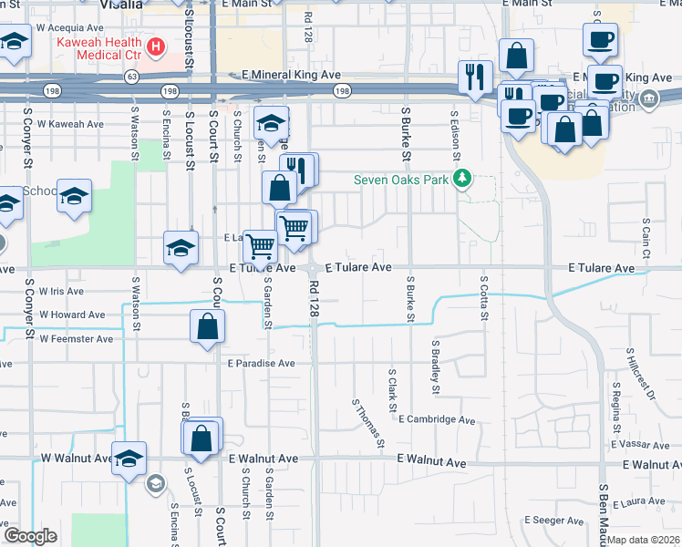map of restaurants, bars, coffee shops, grocery stores, and more near 1241 South Liberty Street in Visalia