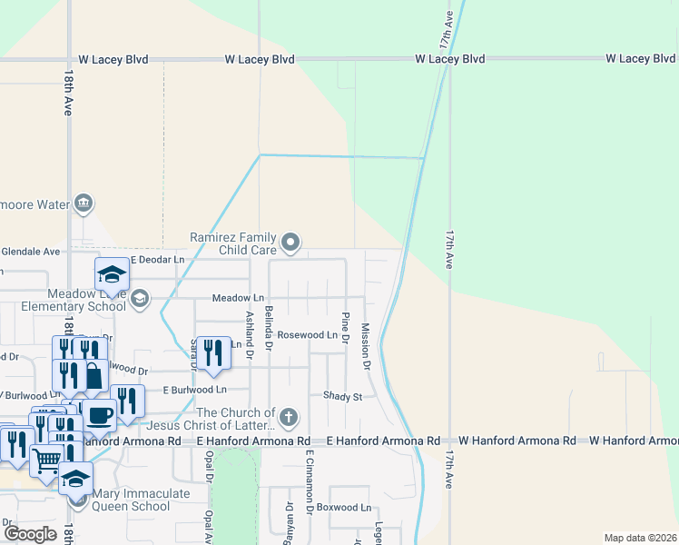 map of restaurants, bars, coffee shops, grocery stores, and more near 1490 Pine Drive in Lemoore