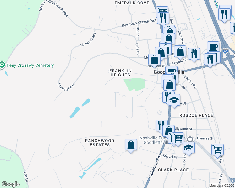 map of restaurants, bars, coffee shops, grocery stores, and more near 628 Exmoor Drive in Goodlettsville
