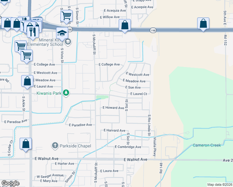 map of restaurants, bars, coffee shops, grocery stores, and more near Tulare Avenue in Visalia