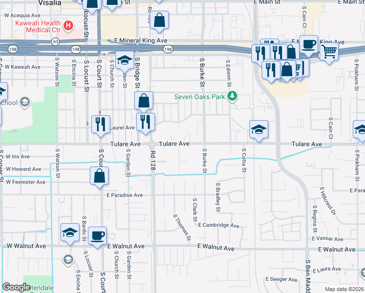 map of restaurants, bars, coffee shops, grocery stores, and more near 1226-1318 South Liberty Street in Visalia