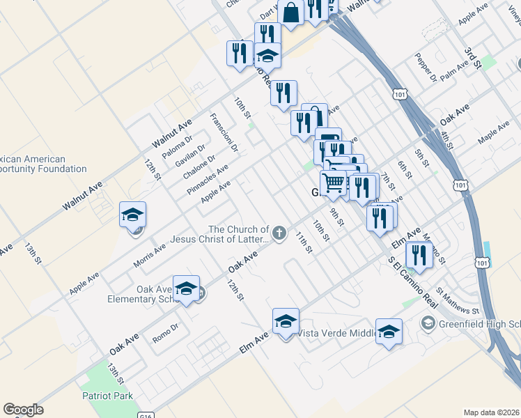 map of restaurants, bars, coffee shops, grocery stores, and more near 244 Larson Lane in Greenfield