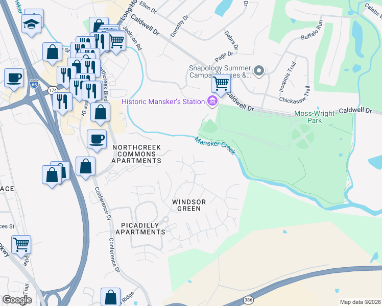 map of restaurants, bars, coffee shops, grocery stores, and more near 313 Witham Court in Goodlettsville