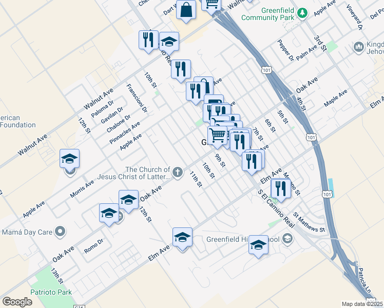 map of restaurants, bars, coffee shops, grocery stores, and more near 215 10th Street in Greenfield