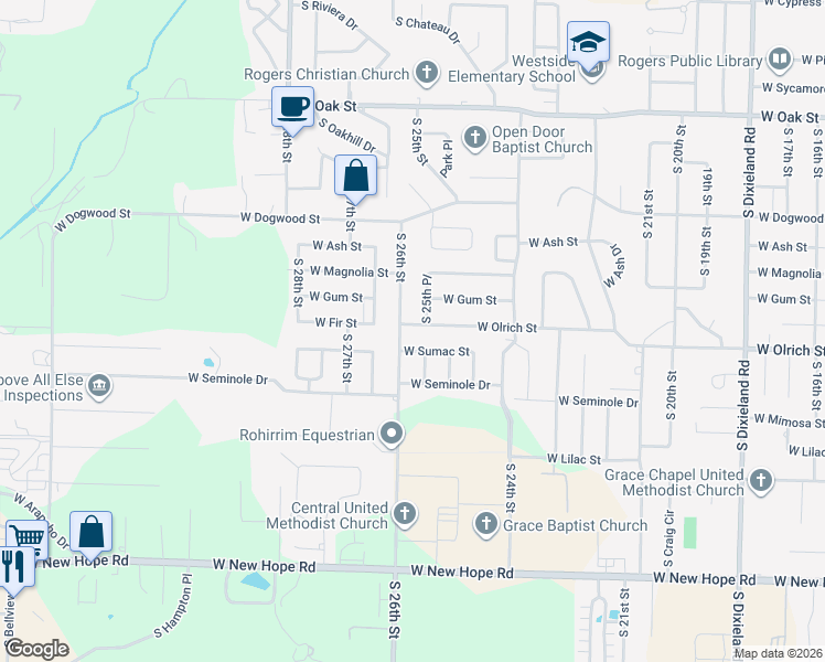 map of restaurants, bars, coffee shops, grocery stores, and more near 2907 West Sumac Street in Rogers