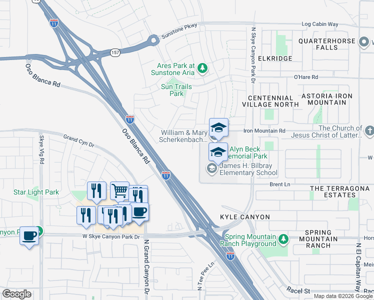 map of restaurants, bars, coffee shops, grocery stores, and more near Tee Pee Ln in Las Vegas