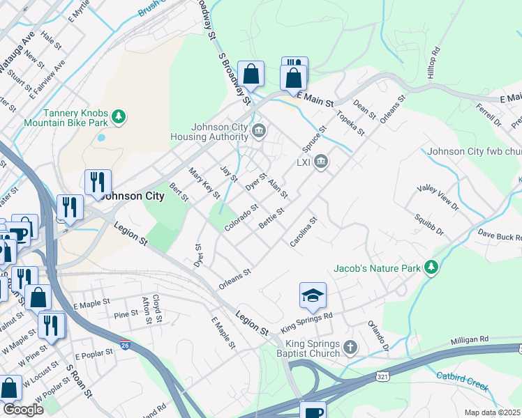 map of restaurants, bars, coffee shops, grocery stores, and more near 300 Colorado Street in Johnson City
