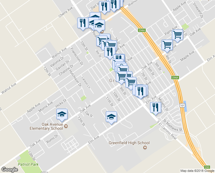map of restaurants, bars, coffee shops, grocery stores, and more near 215 10th Street in Greenfield