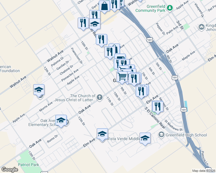 map of restaurants, bars, coffee shops, grocery stores, and more near 215 10th Street in Greenfield