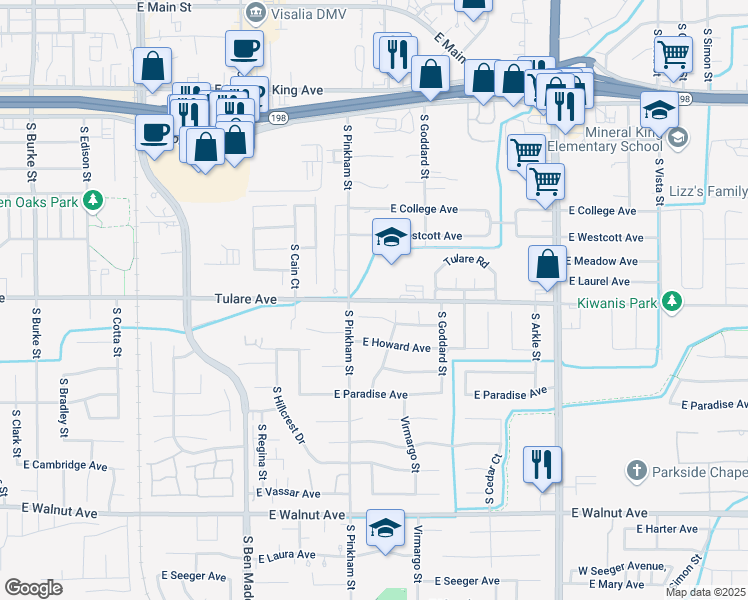 map of restaurants, bars, coffee shops, grocery stores, and more near 2200 East Tulare Avenue in Visalia