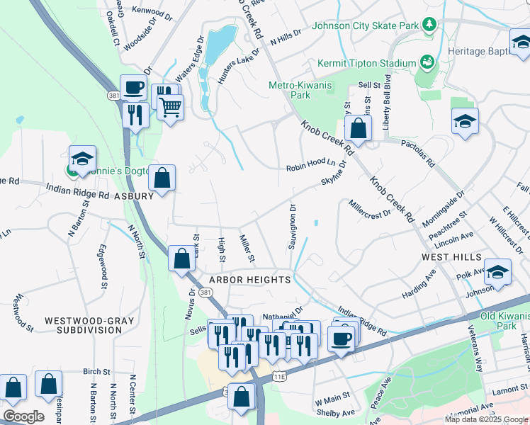 map of restaurants, bars, coffee shops, grocery stores, and more near 1406 Skyline Drive in Johnson City