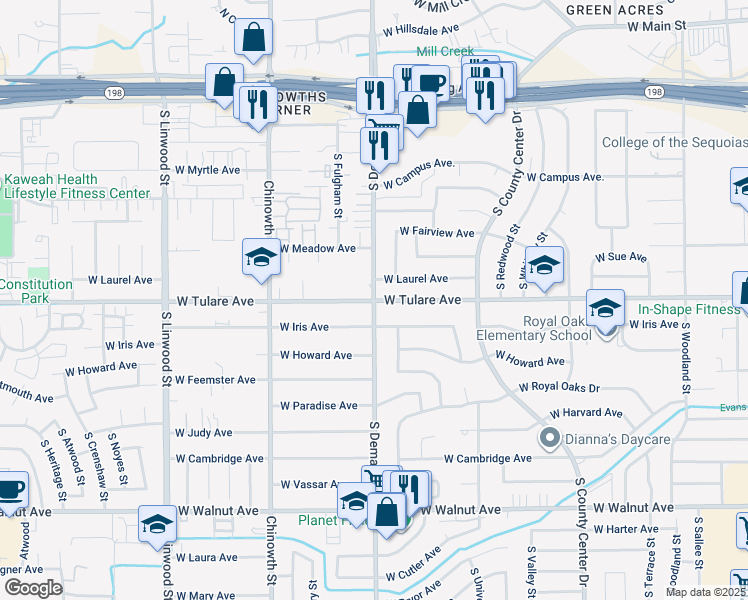 map of restaurants, bars, coffee shops, grocery stores, and more near S Demaree St & W Tulare Ave in Visalia