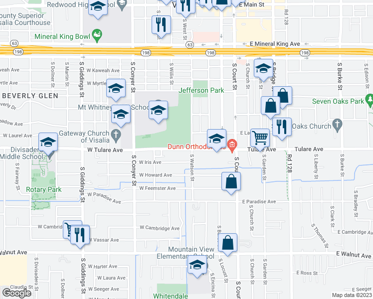 map of restaurants, bars, coffee shops, grocery stores, and more near 506 West Iris Avenue in Visalia