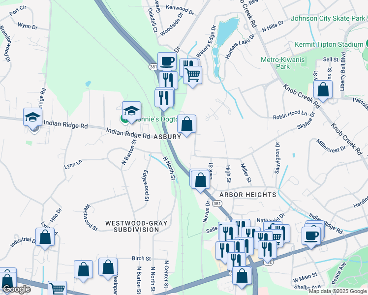 map of restaurants, bars, coffee shops, grocery stores, and more near in Johnson City