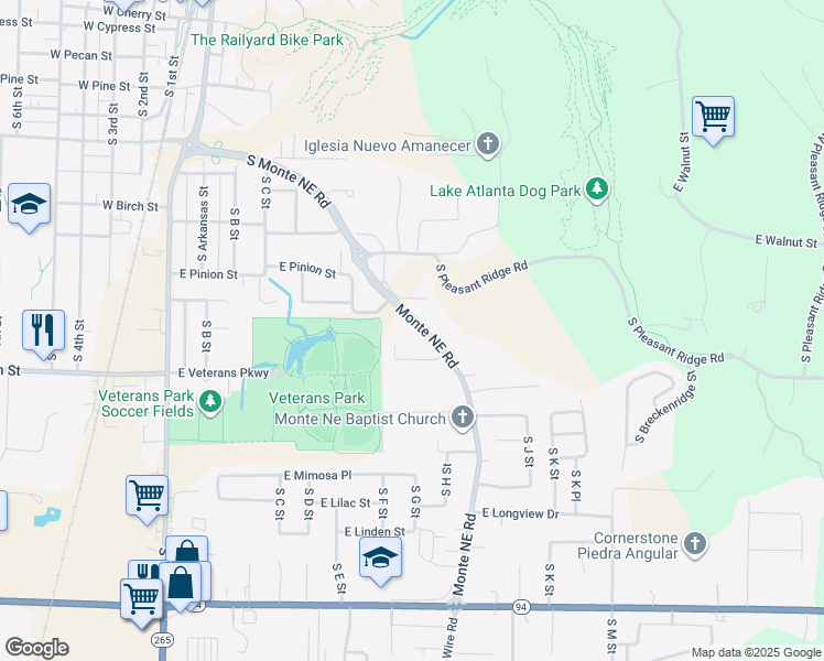 map of restaurants, bars, coffee shops, grocery stores, and more near 1320 Monte Ne Road in Rogers