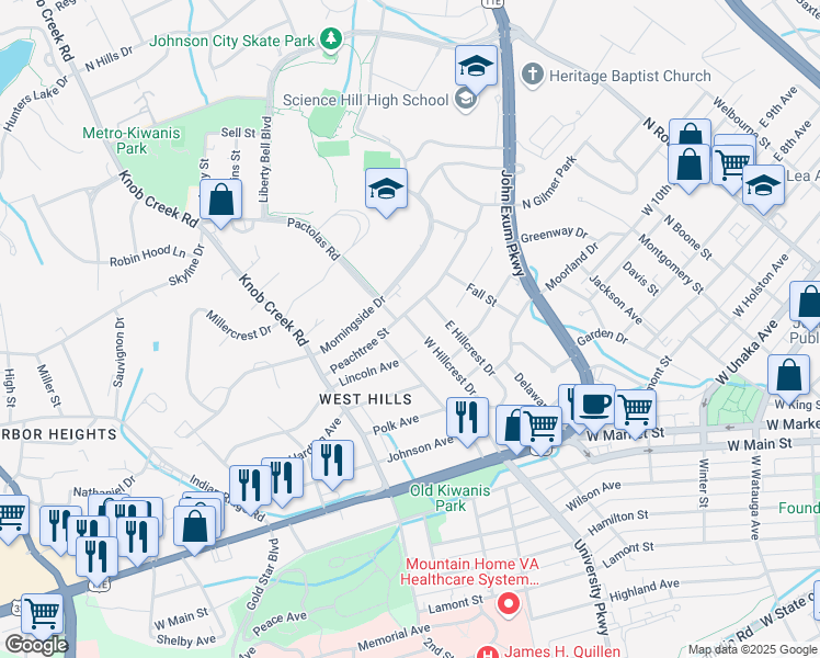 map of restaurants, bars, coffee shops, grocery stores, and more near 921 West Hillcrest Drive in Johnson City