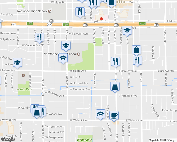 map of restaurants, bars, coffee shops, grocery stores, and more near 527 West Tulare Avenue in Visalia