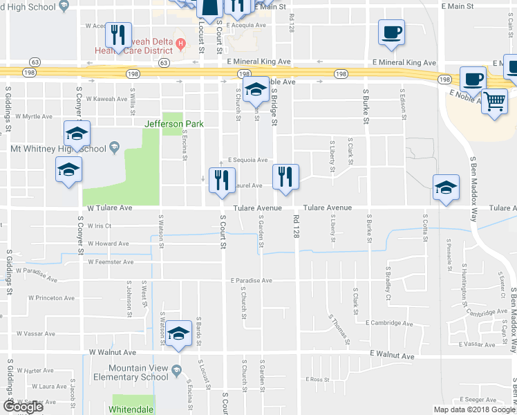 map of restaurants, bars, coffee shops, grocery stores, and more near 304 East Tulare Avenue in Visalia