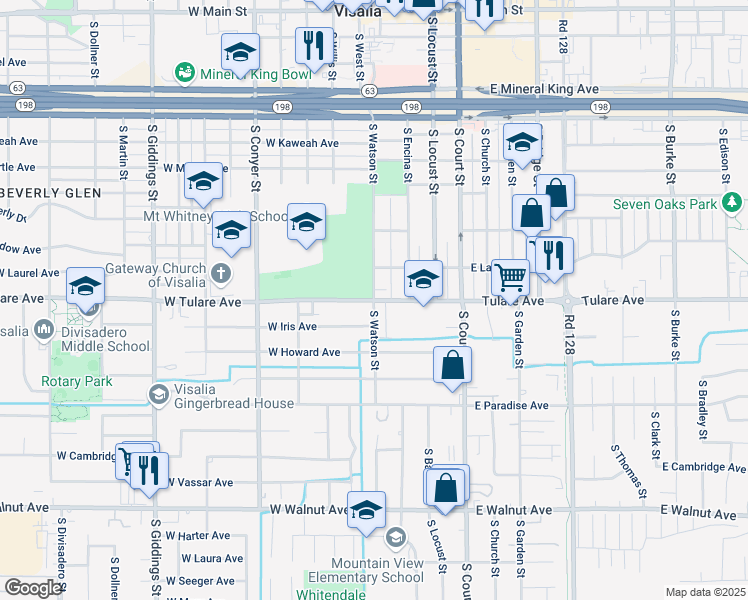 map of restaurants, bars, coffee shops, grocery stores, and more near West Tulare Avenue & South Watson Street in Visalia