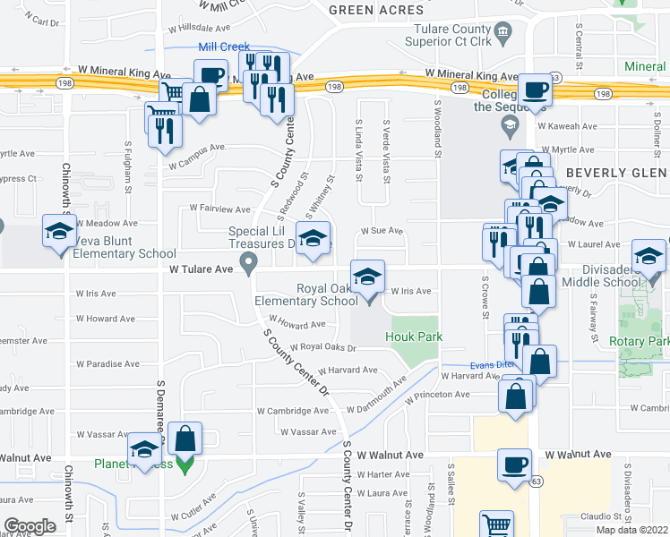 map of restaurants, bars, coffee shops, grocery stores, and more near West Tulare Avenue & South Mountain Street in Visalia